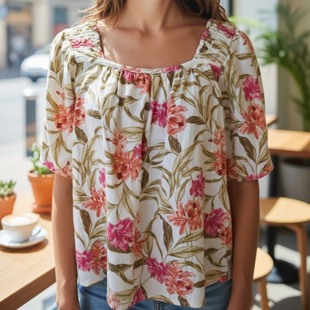 Kensie Women's Pink & Green Linen Floral Blouson Top Size Medium Boho